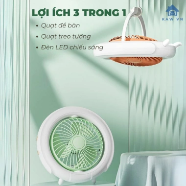 Quạt tích điện để bàn KAW - Đầu xoay tự động 180°, đèn LED, quai treo đa năng, sạc USB - 305.900₫