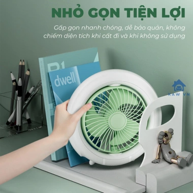 Quạt tích điện để bàn KAW - Đầu xoay tự động 180°, đèn LED, quai treo đa năng, sạc USB - 305.900₫