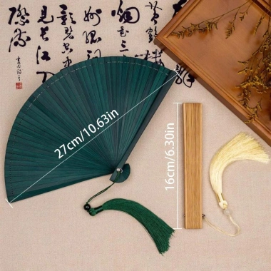 Quạt tre màu trơn FUHUIOT gấp tua rua Trung Quốc, quạt cầm tay sườn xám, giá ưu đãi 119.130 VND