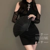 Quạt vải xếp cổ trang in hình cầm tay dây tua rua – phụ kiện múa chụp ảnh 5