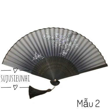 Quạt vải xếp cổ trang in hình cầm tay dây tua rua – phụ kiện múa chụp ảnh 10