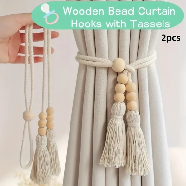 Rèm Bohemian 2 chiếc hạt gỗ móc tua phong cách vintage cho phòng khách, ngủ, bếp