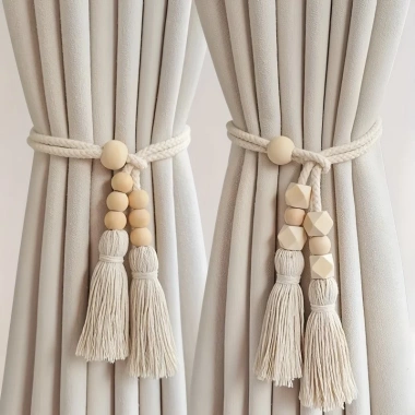 Rèm Bohemian 2 chiếc hạt gỗ móc tua phong cách vintage cho phòng khách, ngủ, bếp 2