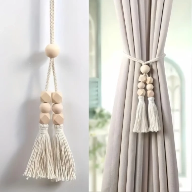 Rèm Bohemian 2 chiếc hạt gỗ móc tua phong cách vintage cho phòng khách, ngủ, bếp 4
