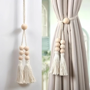 Rèm Bohemian 2 chiếc hạt gỗ móc tua phong cách vintage cho phòng khách, ngủ, bếp 5