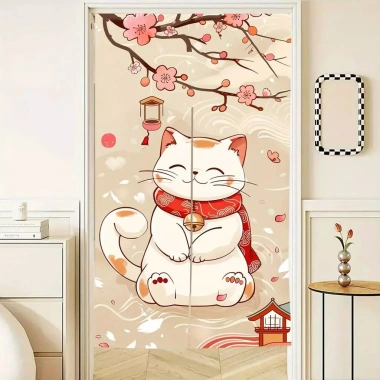 Rèm cửa mèo may mắn phong cách Nhật Bản, vải in hoạt hình, trang trí nhà cửa, giảm giá 20% 3