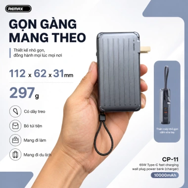 REMAX CP-11 Pin sạc dự phòng 10.000mAh QC3.0+PD 65W 3C Xám Tarnish - Giá 937.000 VND