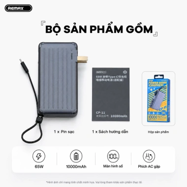 REMAX CP-11 Pin sạc dự phòng 10.000mAh QC3.0+PD 65W 3C Xám Tarnish - Giá 937.000 VND 5 REMAX CP-11 Pin sạc dự phòng 10.000mAh QC3.0+PD 65W 3C Xám Tarnish - Giá 937.000 VND 5