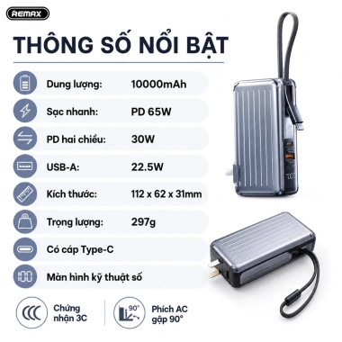 REMAX CP-11 Pin sạc dự phòng 10.000mAh QC3.0+PD 65W 3C Xám Tarnish - Giá 937.000 VND 6 REMAX CP-11 Pin sạc dự phòng 10.000mAh QC3.0+PD 65W 3C Xám Tarnish - Giá 937.000 VND 6