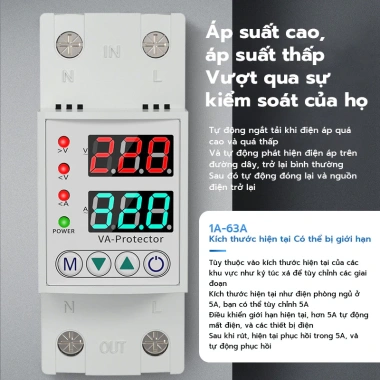 Rơ le bảo vệ 40A 63A Din Rail điều chỉnh dòng quá áp hiển thị thời gian kép, bảo vệ thiết bị, chỉ 120k