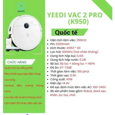 Robot hút bụi lau nhà ECOVACS Yeedi Vac 2 Pro K950 bản quốc tế – Dễ dùng, giảm giá 2.59 tr