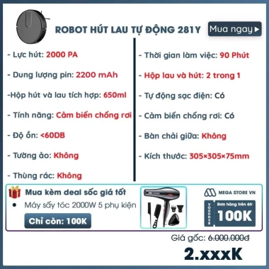 Robot hút bụi lau nhà KAW V1 2.000PA 2 trong 1 Bảo hành 36 tháng 3.029.000₫