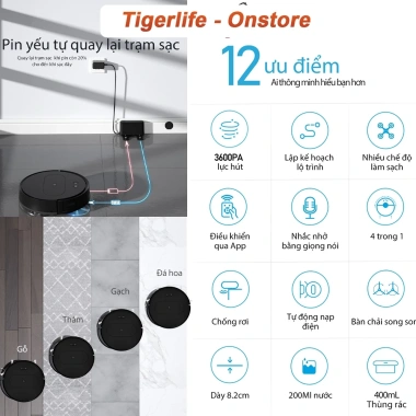 Robot Hút Bụi TIGERLIFE 11MAX Wifi Tự Sạc Pin, Chống Rơi, Lập Trình Đa Chức Năng - Giá 1,870,000₫ 5