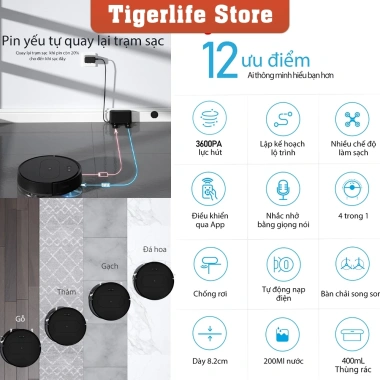 Robot hút bụi Tigerlife TGB11 AI 4.000PA, tự sạc pin 1.300mAh, giảm còn 1,5 triệu