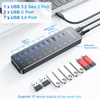 Rshtech USB C Hub Splitter công tắc cảm ứng 7 USB A 3.0 + 2 USB C 10Gbps cho MacBook giá 847.000 VND 3