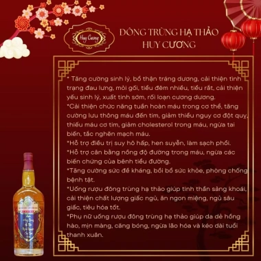 Rượu Đông Trùng Hạ Thảo Huy Cương 1 Hộp 4 Chai 500ml - Giá ưu đãi 1,250,000₫, tăng cường sức khỏe 6 Rượu Đông Trùng Hạ Thảo Huy Cương 1 Hộp 4 Chai 500ml - Giá ưu đãi 1,250,000₫, tăng cường sức khỏe 6
