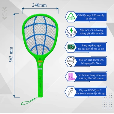 Sạc 1 lần dùng cả năm - Vợt muỗi pin Lithium 800mAh, bảo hành 12 tháng, giá chỉ 79.000₫