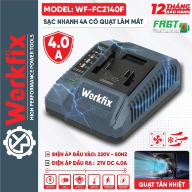 Sạc Bàn Nhanh 4.0A WORKFIX WF-FC2.140F Quạt Tản Nhiệt, Đèn Báo, Chân Pin Phổ Thông