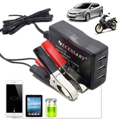 Sạc điện thoại 3 cổng USB chân kẹp bình ắc quy ô tô, xe máy - Đa năng 12V/24V/5V, giảm 22%