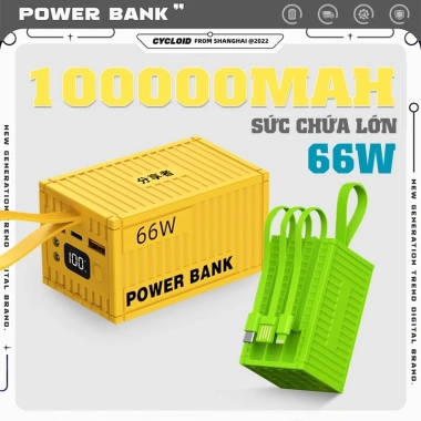 Sạc Dự Phòng 100.000mAh PD 20W Nhanh 4 Cáp, LED Hiển Thị % Pin - 299k
