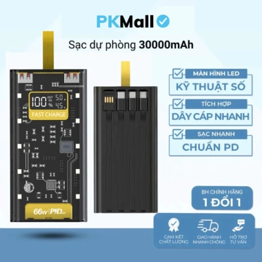 Sạc dự phòng 20.000-30.000mAh trong suốt, PD 120W/20W, 4 dây tích hợp, đèn LED, giá 255k