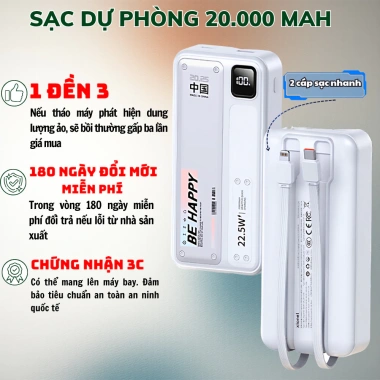 Sạc dự phòng 20.000mAh 3C nhanh - 2 dây sạc, màn LED, pin mạnh, giá 189.000₫
