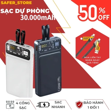 Sạc dự phòng 30.000mAh 100W nhanh, dung lượng lớn, có dây kèm - Giá 235.000₫