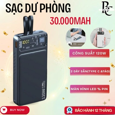 Sạc Dự Phòng 30.000mAh PD 100W - Sạc Nhanh 20W, Có Dây, Màn LED Hiển Thị Pin, Giá 379.000 VND