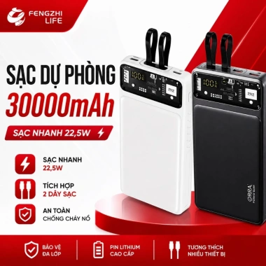 Sạc Dự Phòng 30.000mAh, Sạc Nhanh 22,5W PD 20W + 2 Dây, Thiết Bị, Giá 329.000 VND