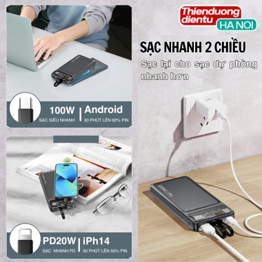 Sạc Dự Phòng 30.000mAh, Sạc Nhanh 22,5W PD 20W + 2 Dây, Thiết Bị, Giá 329.000 VND