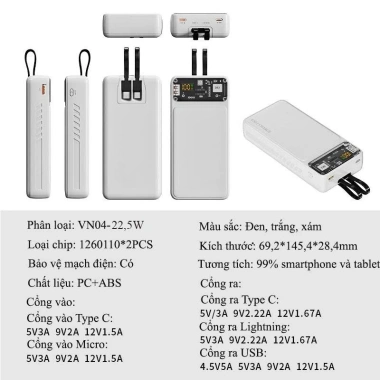 Sạc Dự Phòng 30.000mAh, Sạc Nhanh 22,5W PD 20W + 2 Dây, Thiết Bị, Giá 329.000 VND 9 Sạc Dự Phòng 30.000mAh, Sạc Nhanh 22,5W PD 20W + 2 Dây, Thiết Bị, Giá 329.000 VND 9