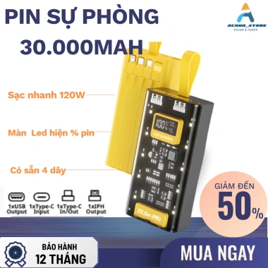 Sạc dự phòng 50.000mAh 120W siêu nhanh - Màn hình LED, 4 cổng, vỏ trong suốt 462.500đ