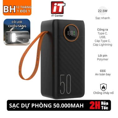 Sạc dự phòng 50.000mAh 22.5W nhanh, đèn LED chiếu sáng, 2 dây sạc - 842k
