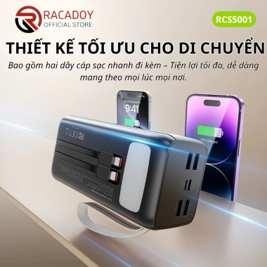 Sạc dự phòng 50.000mAh 22.5W nhanh, đèn LED chiếu sáng, 2 dây sạc - 842k