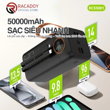 Sạc dự phòng 50.000mAh 22.5W nhanh, đèn LED chiếu sáng, 2 dây sạc - 842k