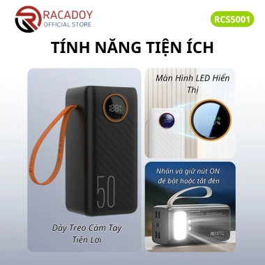 Sạc dự phòng 50.000mAh 22.5W nhanh, đèn LED chiếu sáng, 2 dây sạc - 842k