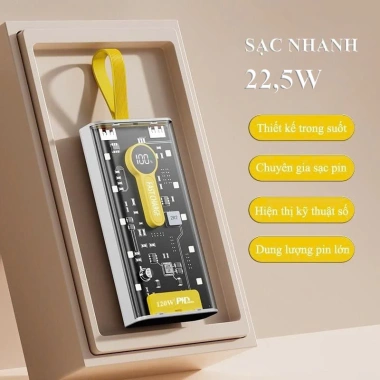 Sạc Dự Phòng 50.000mAh, Sạc Nhanh PD 22.5W, 4 Dây & Đèn LED Chiếu Sáng – Trong Suốt Tiện Lợi