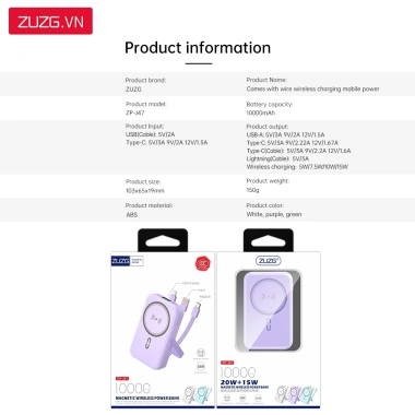 Sạc dự phòng không dây 10.000mAh ZUZG J47 có dây sạc nhanh Chính hãng 525.000 VND 7