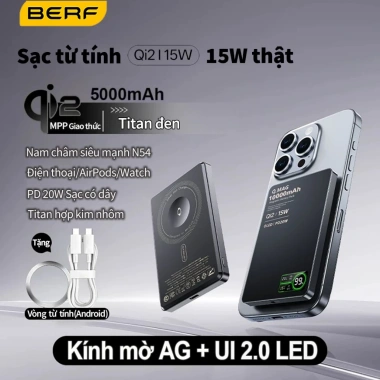 Sạc dự phòng không dây BERF W85 Titan nhôm, kính mờ AG từ tính, siêu mỏng PD 20W cho iPhone 17/16/15/14/13/12 - 475k