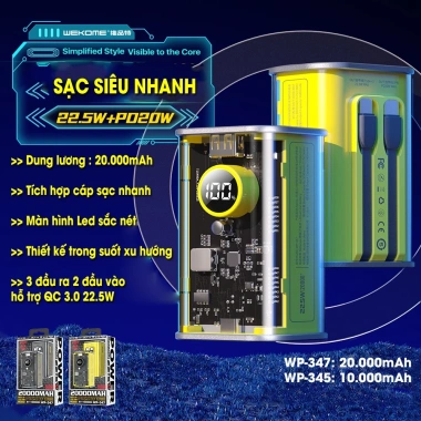 Sạc dự phòng trong suốt WP-347 20.000mAh kèm cáp, sạc nhanh 22.5W - Giá chỉ 399.000₫