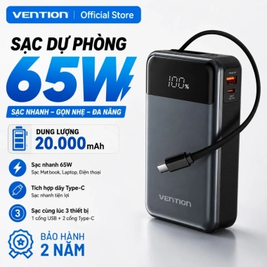 Sạc Dự Phòng Vention 65W 20.000mAh - Sạc Nhanh PD, Cáp Type-C Tích Hợp, Màn Hình LED, Dùng cho Điện Thoại và Laptop - Giá 775.000 VND
