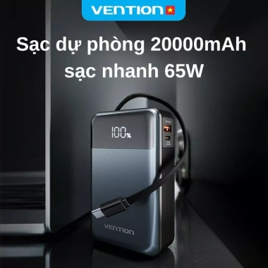 Sạc Dự Phòng Vention 65W 20.000mAh - Sạc Nhanh PD, Cáp Type-C Tích Hợp, Màn Hình LED, Dùng cho Điện Thoại và Laptop - Giá 775.000 VND
