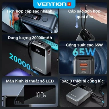 Sạc Dự Phòng Vention 65W 20.000mAh - Sạc Nhanh PD, Cáp Type-C Tích Hợp, Màn Hình LED, Dùng cho Điện Thoại và Laptop - Giá 775.000 VND