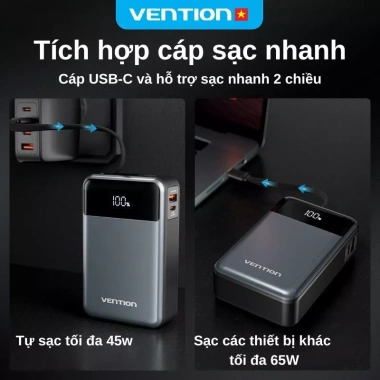 Sạc Dự Phòng Vention 65W 20.000mAh - Sạc Nhanh PD, Cáp Type-C Tích Hợp, Màn Hình LED, Dùng cho Điện Thoại và Laptop - Giá 775.000 VND