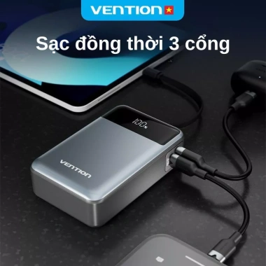 Sạc Dự Phòng Vention 65W 20.000mAh - Sạc Nhanh PD, Cáp Type-C Tích Hợp, Màn Hình LED, Dùng cho Điện Thoại và Laptop - Giá 775.000 VND