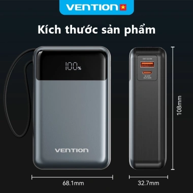 Sạc Dự Phòng Vention 65W 20.000mAh - Sạc Nhanh PD, Cáp Type-C Tích Hợp, Màn Hình LED, Dùng cho Điện Thoại và Laptop - Giá 775.000 VND