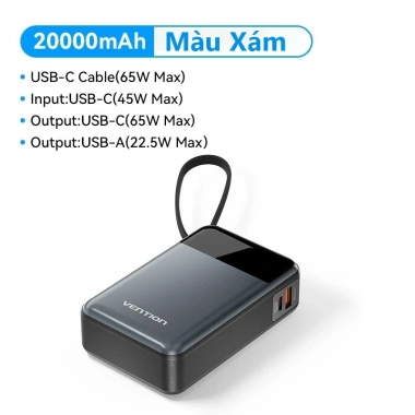 Sạc Dự Phòng Vention 65W 20.000mAh - Sạc Nhanh PD, Cáp Type-C Tích Hợp, Màn Hình LED, Dùng cho Điện Thoại và Laptop - Giá 775.000 VND 10 Sạc Dự Phòng Vention 65W 20.000mAh - Sạc Nhanh PD, Cáp Type-C Tích Hợp, Màn Hình LED, Dùng cho Điện Thoại và Laptop - Giá 775.000 VND 10