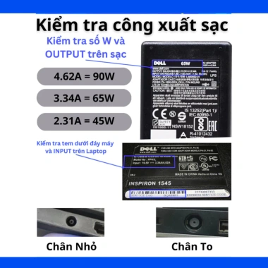 Sạc Laptop Dell Chân To/Chân Nhỏ 45W-65W-90W - Bảo hành 24 tháng, Lỗi 1 Đổi 1, 160k