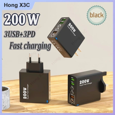 Sạc nhanh 200W 6 trong 1 - 3 USB + 3 PD, QC3.0, hỗ trợ EU/US/UK, du lịch