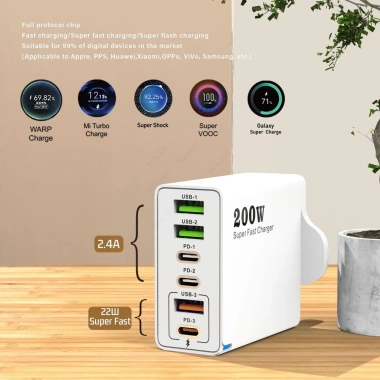 Sạc nhanh 200W 6 trong 1 - 3 USB + 3 PD, QC3.0, hỗ trợ EU/US/UK, du lịch 8 Sạc nhanh 200W 6 trong 1 - 3 USB + 3 PD, QC3.0, hỗ trợ EU/US/UK, du lịch 8